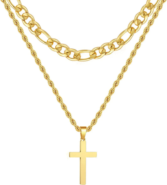 Layered Gold Cross Necklaces for Men Boys Stainless Steel Figaro Twist Rope Pendant Chain Set Religious Christian Birthday First Communion Graduation Fathers Day Jewelry Gifts Teen Dad Him Kids