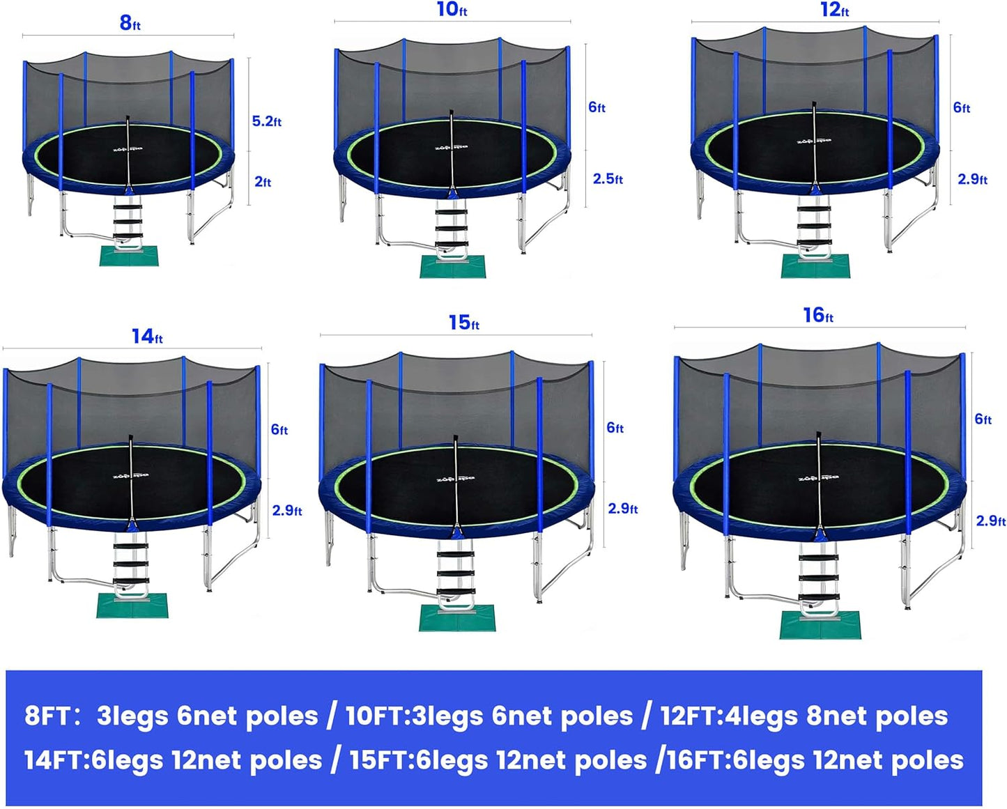 15 14 12 10 8FT Trampoline for Kids with Safety Enclosure Net 425LBS Weight Capacity Outdoor Backyards Trampolines with Non-Slip Ladder All Accessories for Children Adults Family