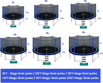 15 14 12 10 8FT Trampoline for Kids with Safety Enclosure Net 425LBS Weight Capacity Outdoor Backyards Trampolines with Non-Slip Ladder All Accessories for Children Adults Family