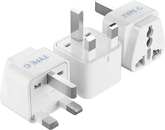 UK, Hong Kong, Ireland, UAE Travel Plug Adapter (Type G) - 3 Pack [Grounded & Universal] (GP-7-3PK), White, Standard